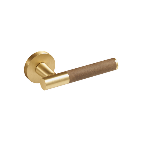 Santo Solid Brass Door Lever | Gold & Castano Brown (Crazy Horse Leather)