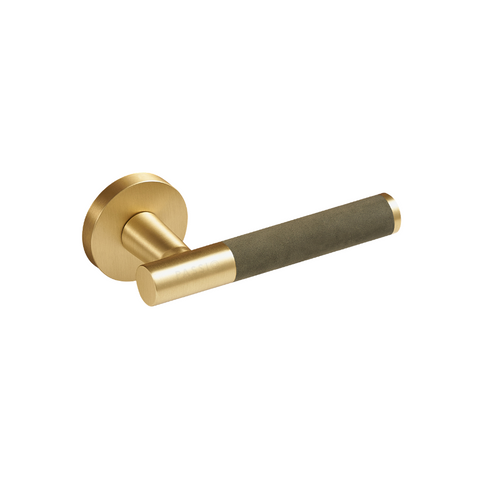 Santo Solid Brass Door Lever | Gold & Torino Green (Crazy Horse Leather)