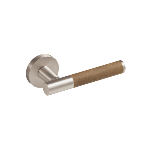 Santo Solid Brass Door Lever | Satin Nickel & Castano Brown (Crazy Horse Leather)