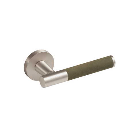 Santo Solid Brass Door Lever | Satin Nickel & Torino Green (Crazy Horse Leather)