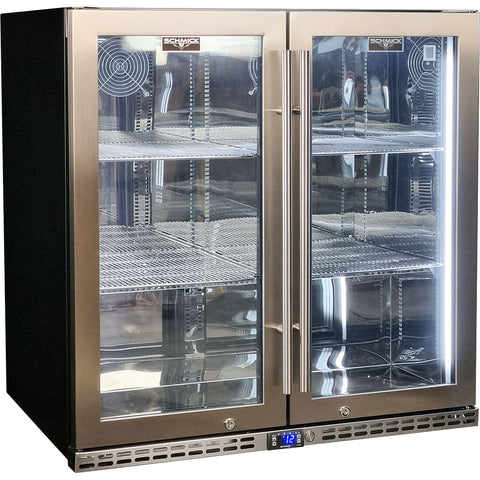 Schmick Quiet Running Front Venting Under Bench Heated Glass 2 Door Bar Fridge - Model SK245-HD