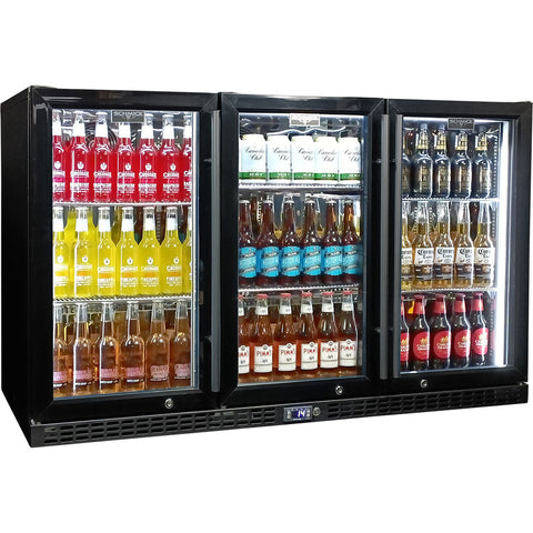 Schmick Black 3 Door Quiet Running Heated Glass Door Bar Fridge  - Model  SK386-B-HD