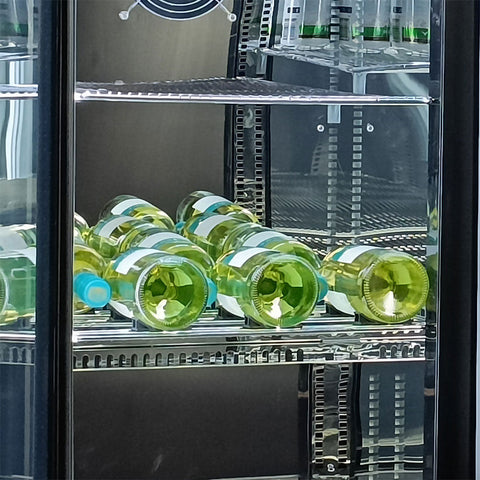 Schmick Black 3 Door Quiet Running Heated Glass Door Bar Fridge  - Model  SK386-B-HD: Shelving that holds its load