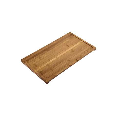 A rectangular bamboo cutting board with a natural wood grain finish, shown at an angle on a plain white background.