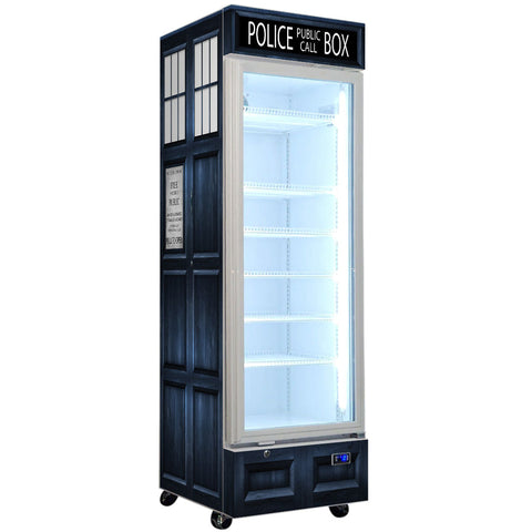 Police Box Branded Design - Upright Quiet Running Glass Door Bar Fridge - Model SC372W-PB