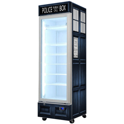 Police Box Branded Design - Upright Quiet Running Glass Door Bar Fridge - Model SC372W-PB