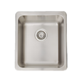 A top-down view of a square stainless steel kitchen sink with a single basin and a central drain, isolated on a white background.