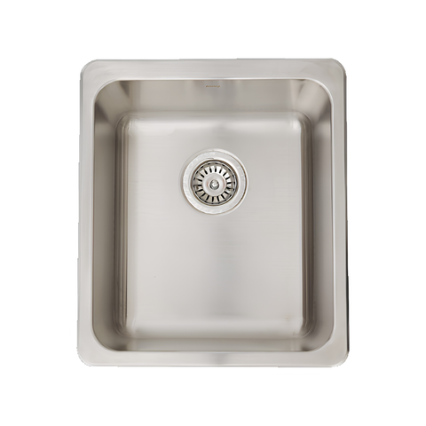 A top-down view of a square stainless steel kitchen sink with a single basin and a central drain, isolated on a white background.