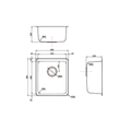 Technical dimension drawing of a square kitchen sink with front drain opening, showing top-down, side, and front views with measurements on a white background.