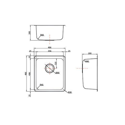 Technical dimension drawing of a square kitchen sink with front drain opening, showing top-down, side, and front views with measurements on a white background.