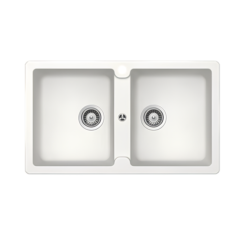 A top-down view of a white double-basin kitchen sink with two circular drains and a small central drain cover, isolated on a white background.