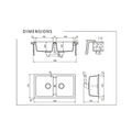Technical dimension drawing of a double basin sink with front and side profile measurements, labeled DIMENSIONS, on a white background.