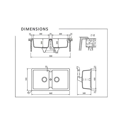 Technical dimension drawing of a double basin sink with front and side profile measurements, labeled DIMENSIONS, on a white background.