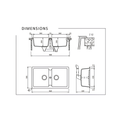 Technical dimension drawing of a double basin kitchen sink, showing front, top, and side cross-sections with measurements on a white background.