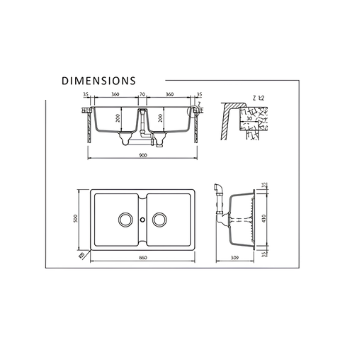 Technical dimension drawing of a double basin kitchen sink, showing front, top, and side cross-sections with measurements on a white background.