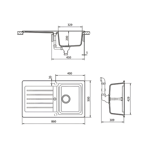 Typos Single Bowl Sink With Drainer | 860 x 500mm
