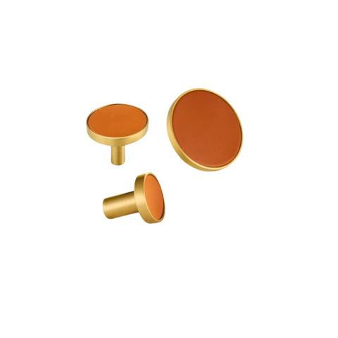 Kara Solid Brass & Leather Knob | Gold & Orange