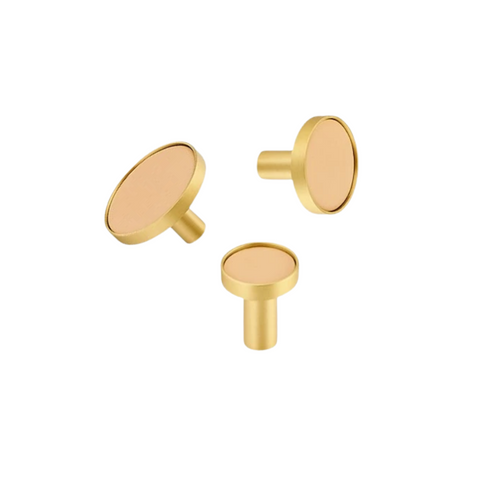 Kara Solid Brass & Leather Knob | Gold & Beige