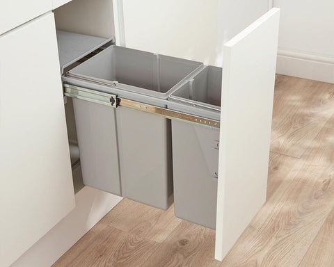 Wesco 30L (1 x 20L + 1 x 10L) Door Mount Waste Bin in Plastic. Width: 254mm. Height: 410mm. Depth: 485mm. Fits cabinets from 300mm