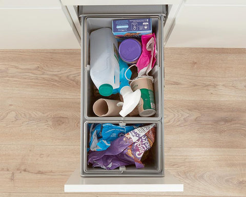 Wesco 30L (1 x 20L + 1 x 10L) Door Mount Waste Bin in Plastic. Width: 254mm. Height: 410mm. Depth: 485mm. Fits cabinets from 300mm