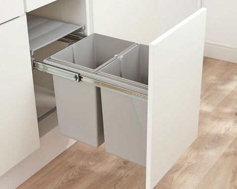 Wesco 40L (2 x 20L) Door Mount Waste Bin in Plastic. Width: 338mm. Height: 410mm. Depth: 485mm. Fits cabinets from 400mm