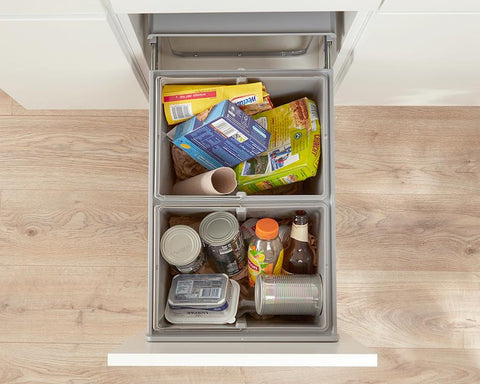 Wesco 40L (2 x 20L) Door Mount Waste Bin in Plastic. Width: 338mm. Height: 410mm. Depth: 485mm. Fits cabinets from 400mm