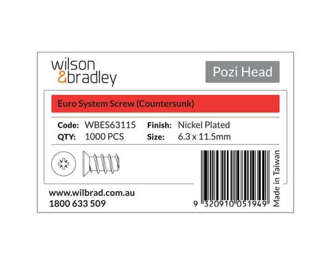 Pozi Head - Euro System Screw Countersunk 6.3 x 11.5mm. Sold per 1000/pack