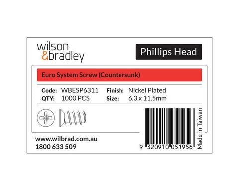 Euro Screw Flat Head Phillips Unharden Size 6.3mm X 11.5mm, 8mm Phillips, gauge 6.3 Drilling Diameter 5mm. Sold per 1000/pack