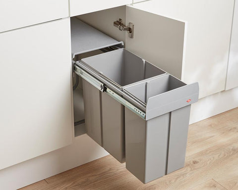 Wesco 30L (1 x 20L + 1 x 10L) Hand Pull Waste Bin in Plastic. Width: 254mm. Height: 410mm. Depth: 475mm. Fits cabinets from 300mm