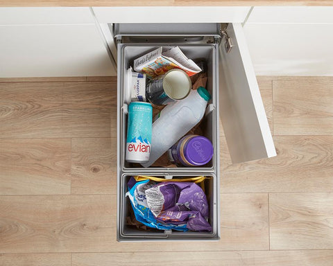 Wesco 30L (1 x 20L + 1 x 10L) Hand Pull Waste Bin in Plastic. Width: 254mm. Height: 410mm. Depth: 475mm. Fits cabinets from 300mm