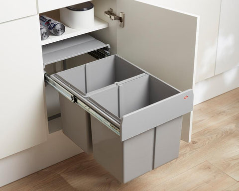 Wesco 32L (2 x 16L) Hand Pull Waste Bin in Plastic. Height: 345mm. Width: 338mm. Depth: 475mm. Suits 400mm cabinet