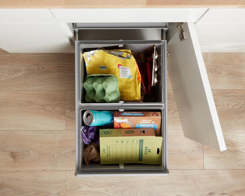 Wesco 32L (2 x 16L) Hand Pull Waste Bin in Plastic. Height: 345mm. Width: 338mm. Depth: 475mm. Suits 400mm cabinet