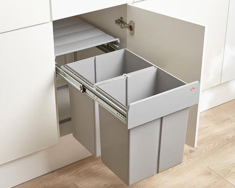Wesco 40L (2x20L) Hand Pull Waste Bin in Grey Plastic. Width: 338mm. Height: 410mm. Depth: 475mm. Fits cabinets from 400mm