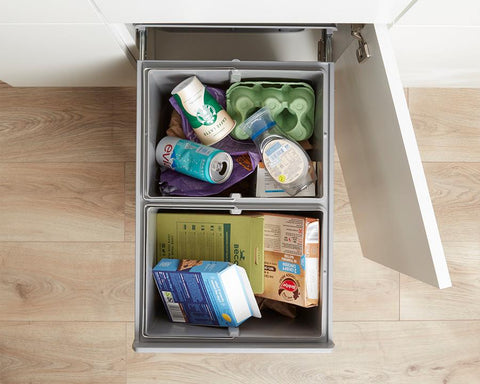 Wesco 40L (2x20L) Hand Pull Waste Bin in Grey Plastic. Width: 338mm. Height: 410mm. Depth: 475mm. Fits cabinets from 400mm