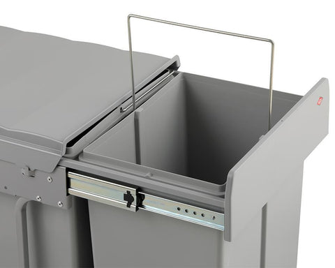Wesco 40L (2x20L) Hand Pull Waste Bin in Grey Plastic. Width: 338mm. Height: 410mm. Depth: 475mm. Fits cabinets from 400mm