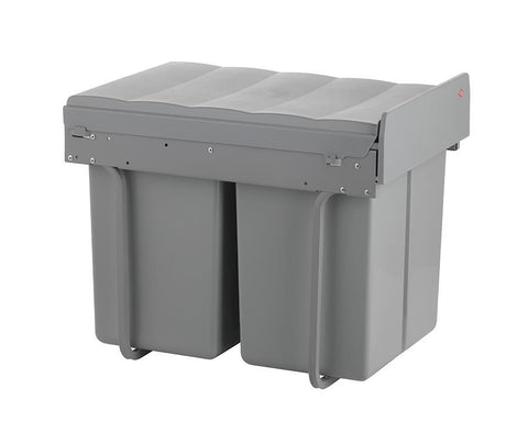 Wesco 40L (2x20L) Hand Pull Waste Bin in Grey Plastic. Width: 338mm. Height: 410mm. Depth: 475mm. Fits cabinets from 400mm