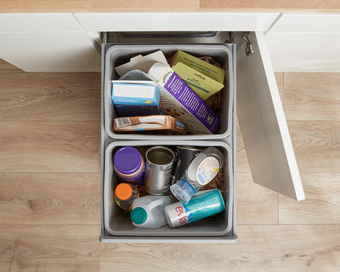 Wesco 52L (2 X 26) Hand Pull Waste Bin in Plastic. Width: 338mm. Height: 485mm. Depth: 475mm. Fits cabinets from 400mm
