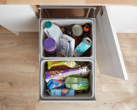 Wesco 64L (2X32L) Hand Pull Waste Bin in Plastic. Width: 338mm. Height: 585mm. Depth: 490mm. Fits cabinets from 400mm
