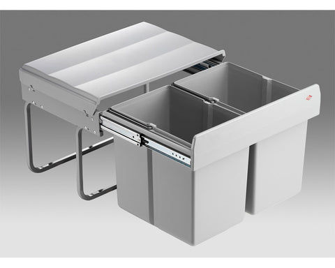 Wesco 30L (2x15L) Hand Pull Shorty Waste Bin in Plastic. Width: 450mm. Height: 345mm. Depth: 340mm. Suits 500mm cabinet.