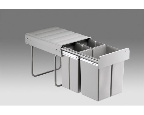 Wesco 40L (1x20L + 2x10L) Hand Pull Trio Waste Bin in Plastic. Width: 338mm. Height: 410mm. Depth: 475mm. Fits cabinets from 400mm
