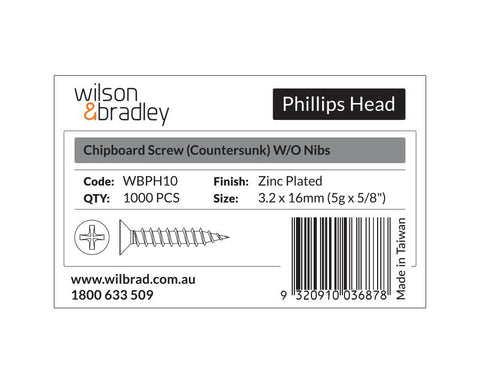 Phillips Head - Chipboard Screw Countersunk 3.2 x 16mm (5g x 5/8"). Sold per 1000/pack