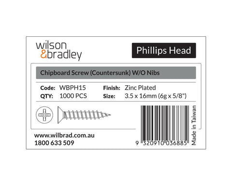 Phillips Head - Chipboard Screw Countersunk 3.5 x 16mm (6g x 5/8"). Sold per 1000/pack