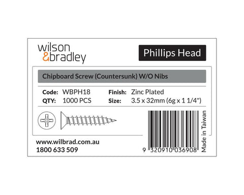 Phillips Head - Chipboard Screw Countersunk 3.5 x 32mm (6g x 1 1/4"). Sold per 1000/pack
