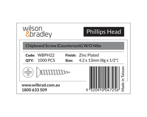 Phillips Head - Chipboard Screw Countersunk 4.2 x 13mm (8g x 1/2"). Sold per 1000/pack