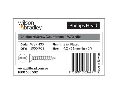 Phillips Head - Chipboard Screw Countersunk 4.2 x 51mm (8g x 2"). Sold per 1000/pack