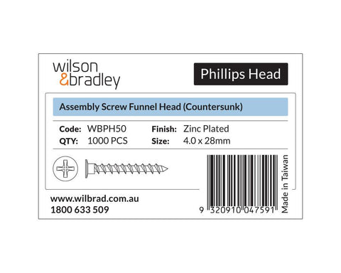 Phillips Head- Assembly Screw Funnel Head Countersunk. Sold per 1000/pack