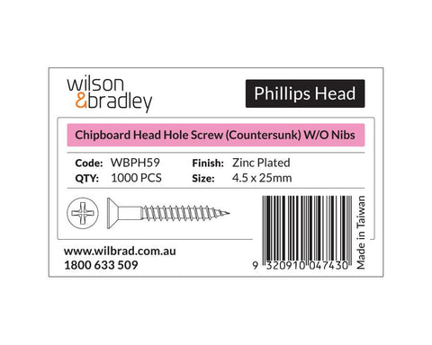 Phillips Head- Chipboard Head Hole Screw Countersunk. Sold per 100