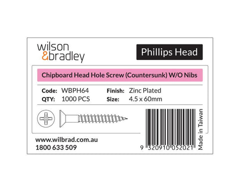 Phillips Head - Chipboard Head Hole Screw Countersunk 4.5mm. Sold per 1000/pack