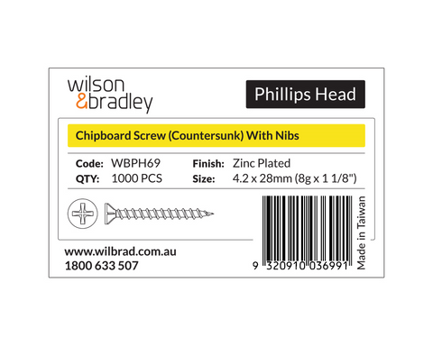 Phillips Head - Chipboard Screw Countersunk with nibs 4.2 x 28mm (8g x 1 1/8"). Sold per 1000/pack