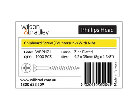 Phillips Head - Chipboard Screw Countersunk with nibs 4.2 x 35mm (8g x 1 3/8"). Sold per 1000/pack